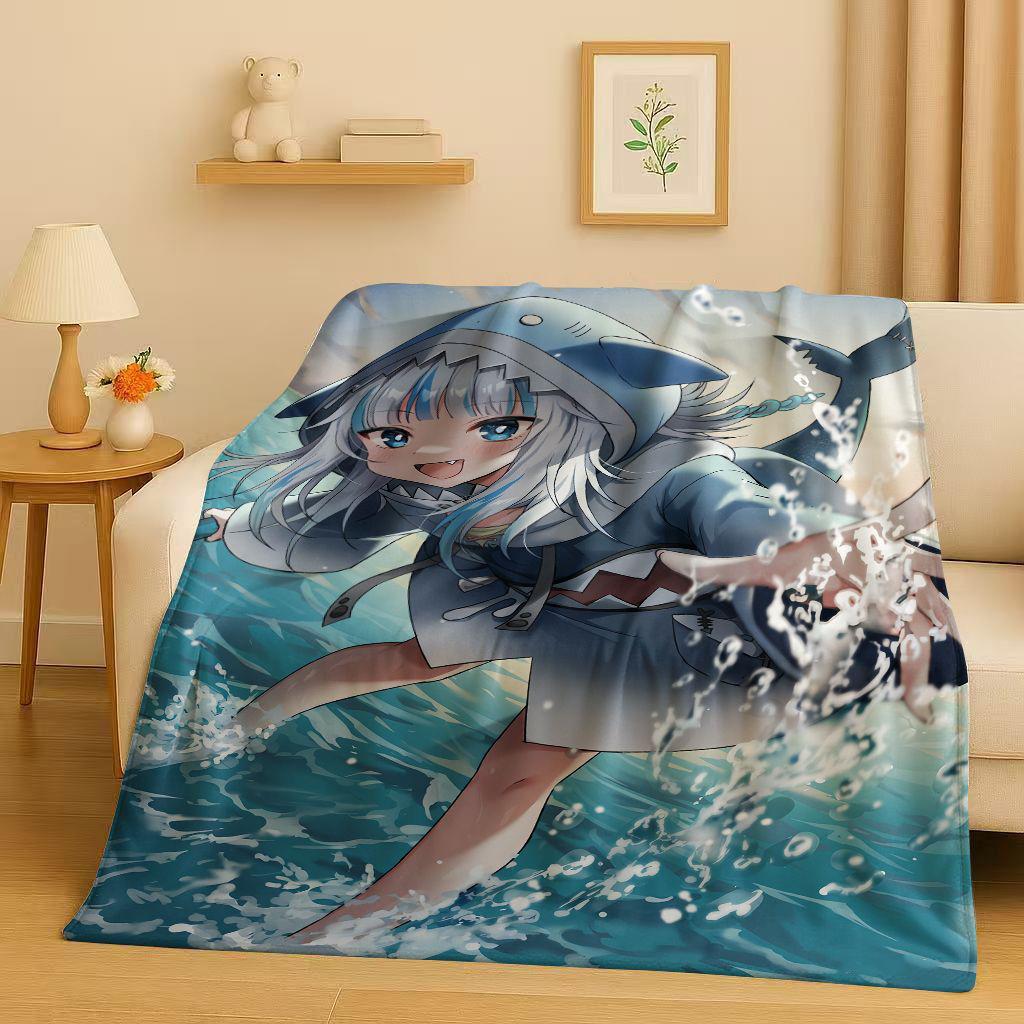 Anime Gawr Gura Hololive Cartoon Cute Girl Flannel Blanket,Ultra Soft Warm Plush Throw for Home Bedroom Bed Sofa Cover Gift Kid