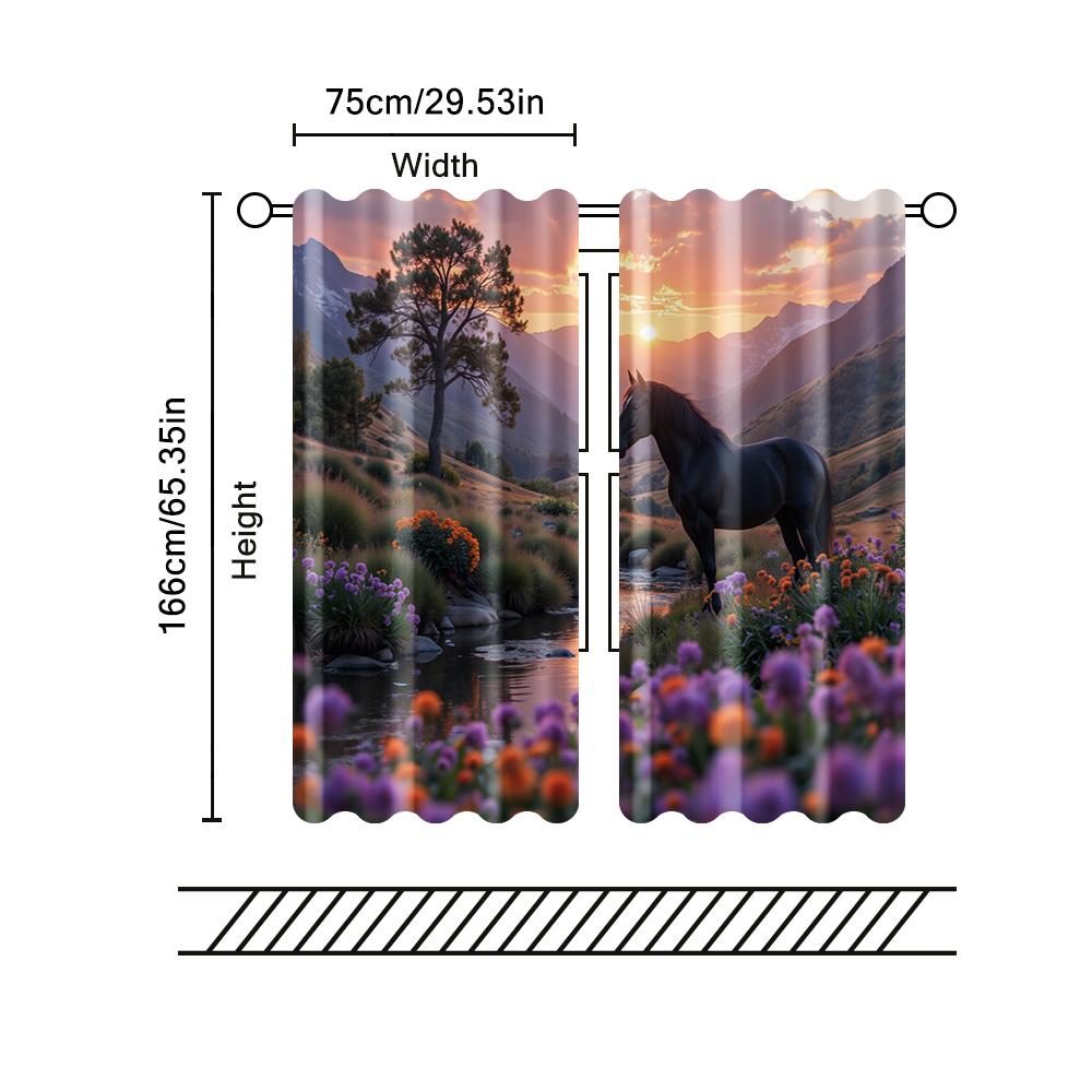 2 pcs   filtering curtains (excluding rods   non-movable   without batteries) Vintage River Valley Horse Dusk for use in bedrooms