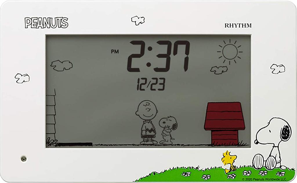RHYTHM Snoopy Wecker, Digitaler Wecker mit Kalenderfunktion, Weiß, 8RDA79MS03, 10 x 16,2 x 4,5 cm