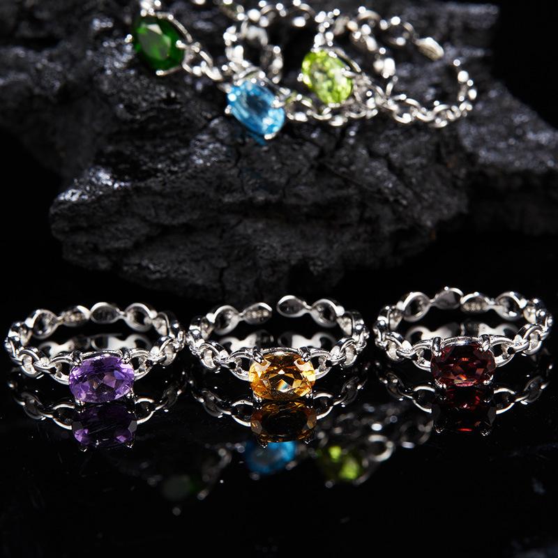 S925 Sterling Silver Natural Topaz Garnet Diopside Amethyst Olive Treasure Ring Women