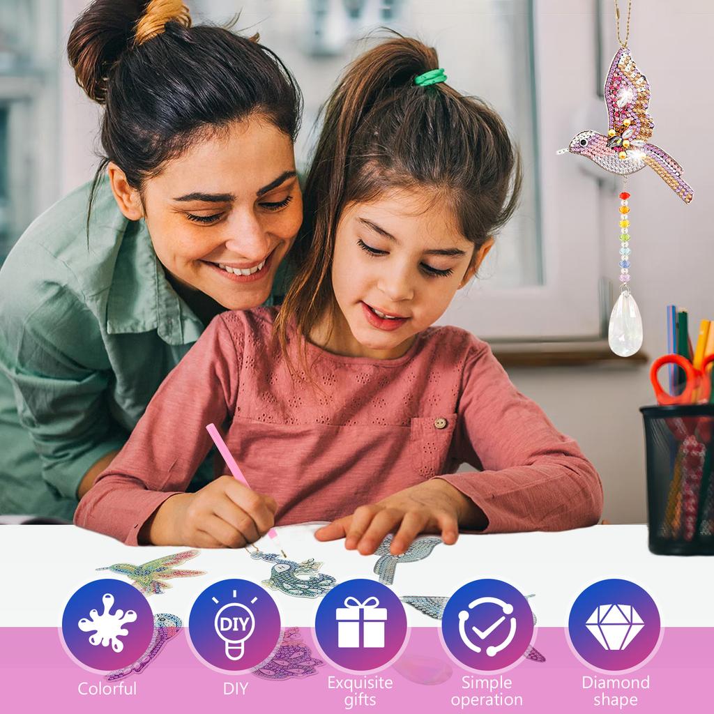 6 Pcs Diamond Painting Wind Chime Rhinestone Hummingbird Diamond Art Suncatcher Double Sided 5D DIY Diamond Painting Home Decor