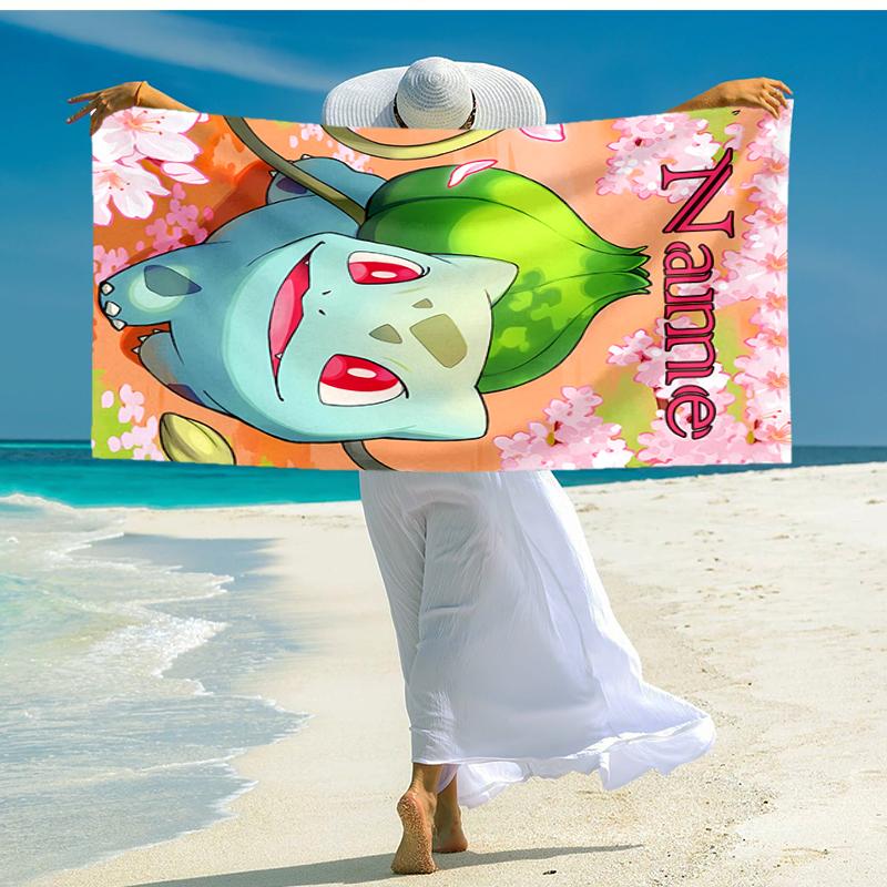 Personalized customized proof beach towel with Pokémon Bulbasaur pattern - soft, absorbent,quick-drying,perfect swimming,camping&bathing