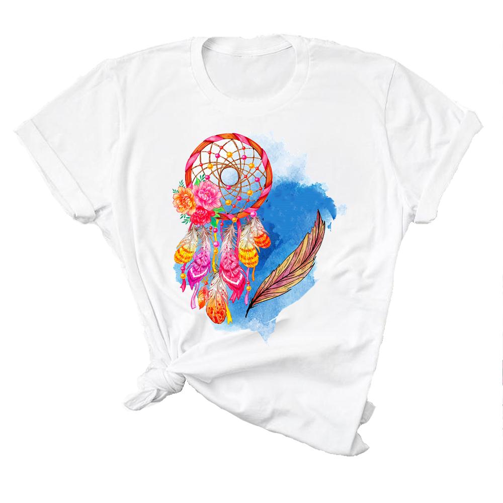 Damen-T-Shirt mit Aquarell-Traumfeder-Druck, lässiges T-Shirt, modische Kleidung, Cartoon-Druck, Damenbekleidung, grafisches Kurzarm-T-Shirt