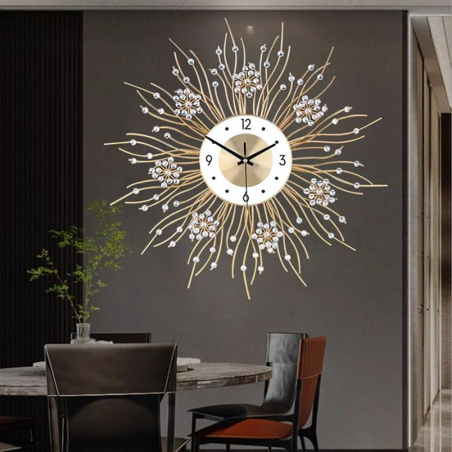 Large Silent Sunflower Shape Wall Clock Iron Metal Modern Non-Ticking Round Dial 27.5 Inch Chic Decorative Clock for Living Roo