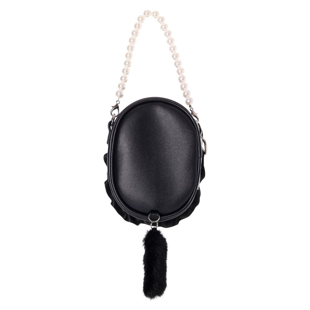 Z25721 Mineed by Osel Cat Ear Plush Pouch, Small, S Size, Pearl Strap, 5 Colors Available, 14cm x 10.5cm, Plush Toy Storage (Black)