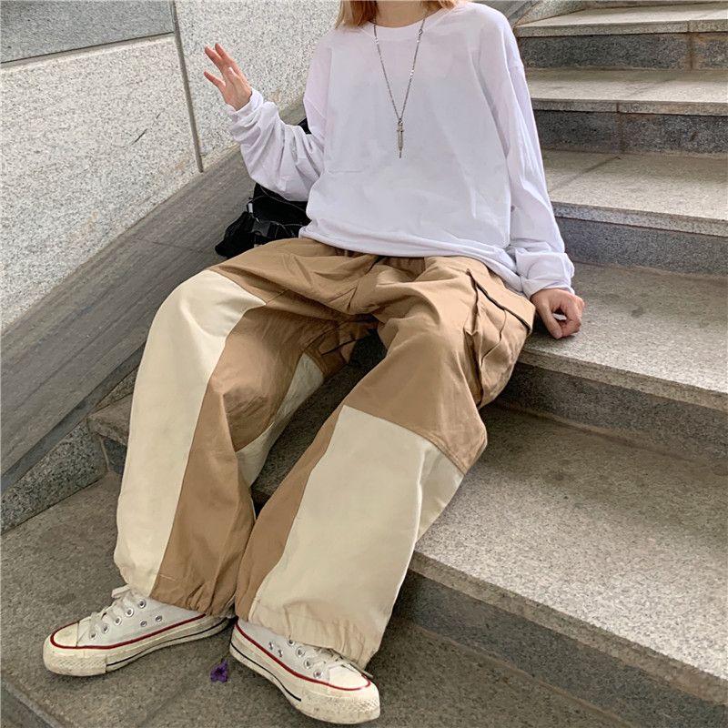 

Элегантная мода Harajuku Slim Fit свободные спортивные повседневные брюки с сплошными карманами пэчворк прямые брюки свободные мешковатые брюки M коричневый