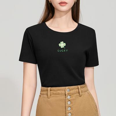 Schwarzes kurzärmeliges T-Shirt für Damen, Neue Damenbekleidung, Vorderseite Schultern, Rundhalsausschnitt, Kleines Blumendruck-Basis-Shirt