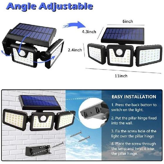 Sensore di movimento della luce notturna di sicurezza solare regolabile recentemente aggiornato Proiettore 270 ° Illuminazione grandangolare Cortile Giardino Garage Portico