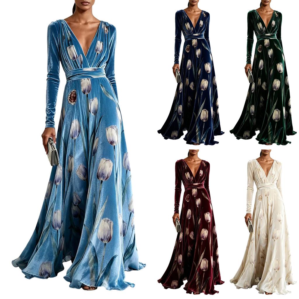 Abito da sera elegante da donna con scollo a V, stampa floreale, in velluto, a maniche lunghe, con vita sagomata
