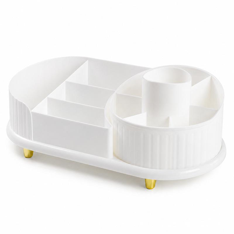 360° Rotating Makeup Organizer with Large Compartments for Lipstick, Brushes, and Skincare Products.
