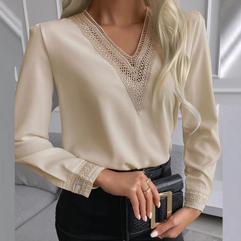 V-neck Chiffon Lace Hollow Loose Western Style Small Shirt Top Women, Autumn New Products Women's Fashion Temperament Long-sleeved Shirt