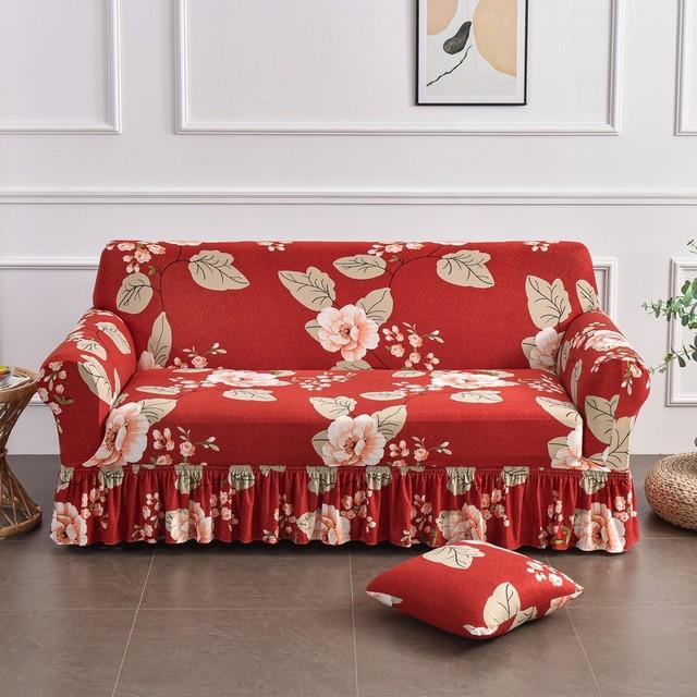 Printed Ruffled Skirt Sofa Cover Stretch Couch Slipcover Washable Furniture Protector Easy Fit Living Room Decor