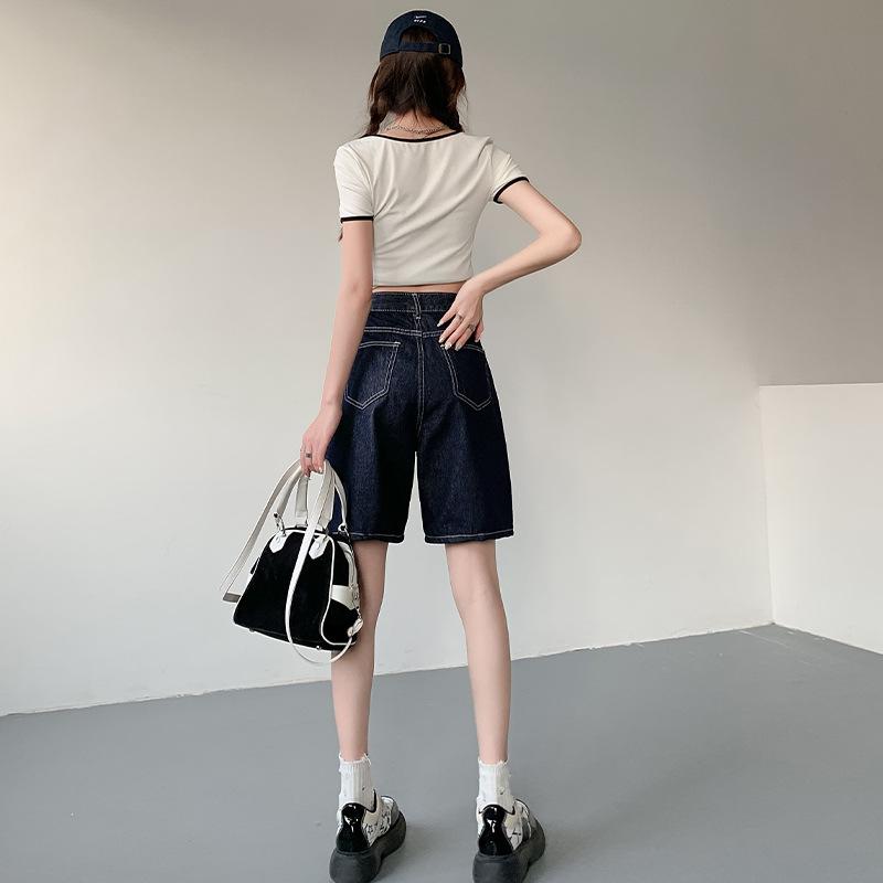 Retro Wide-leg Denim Five-point Pants Women's Summer Thin Section High Waist Loose and Thin Fashion All-match Straight-leg Pants