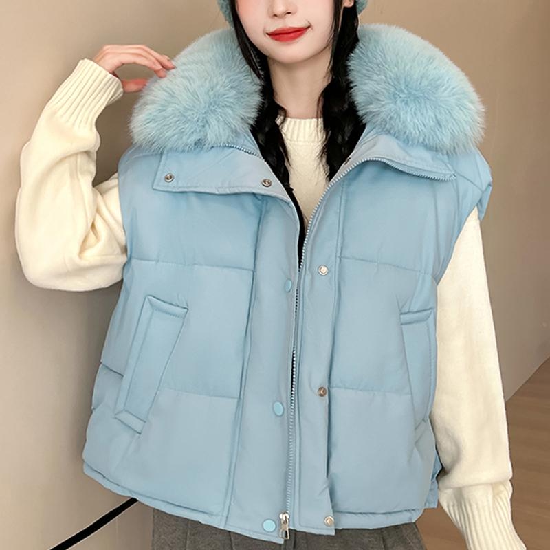 

Модная зимняя парка без рукавов Женский короткий жилет Воротник из искусственного меха Толстые теплые женские куртки M синий