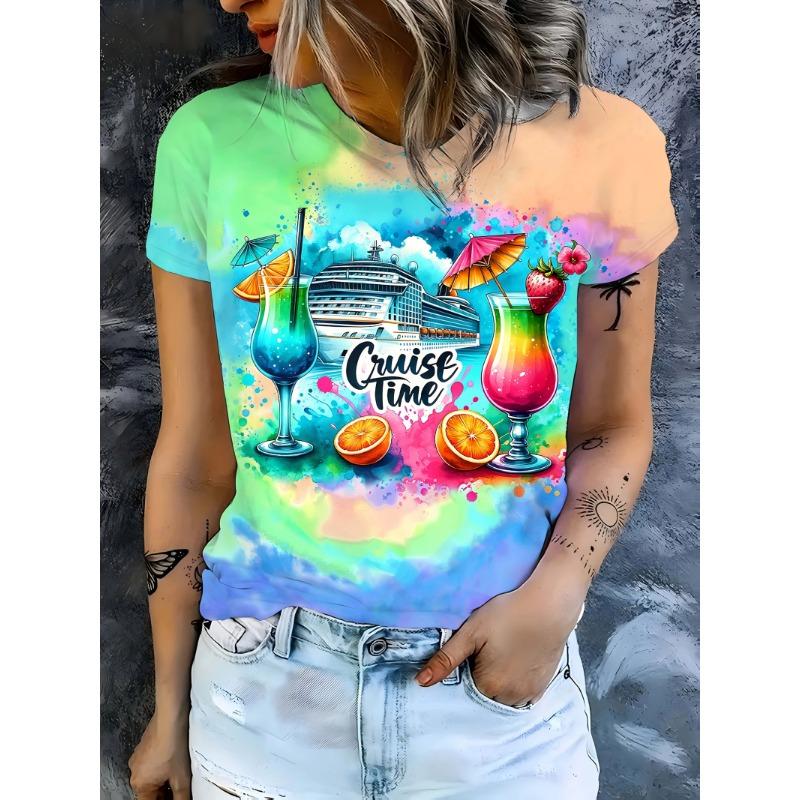 Damen-T-Shirt -  Cruise Time  Cocktail & Schiff Grafik, Tropisches Urlaubsdesign für Freizeit-Alltagskleidung XL blue