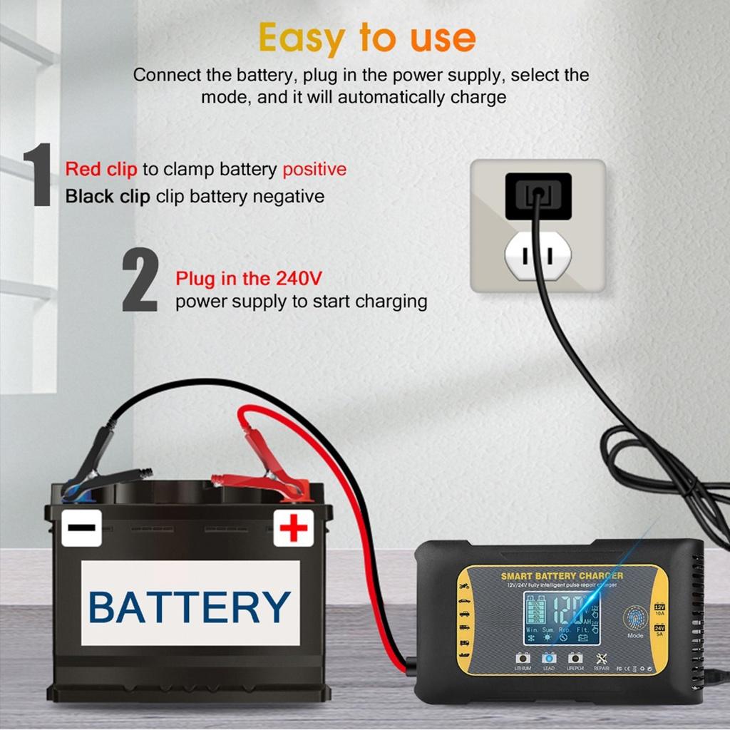 

Черное автомобильное зарядное устройство с импульсным восстановлением, автоматическая зарядка 12 В 15 А / 24 В 10 А для автомобильного мотоциклетного свинцово-кислотного аккумулятора AGM гелевого мокрого EFB