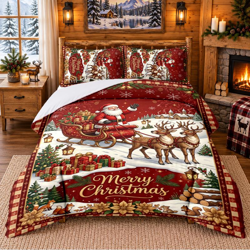 Christmas 3Pcs Bedding Set 1 Bed Sheet 2 Pillowcases Printed Bedroom Bedding Holiday Gift