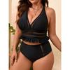 Women S Plus Size Solid Black Split Sexy Backless High Waist Swimsuit