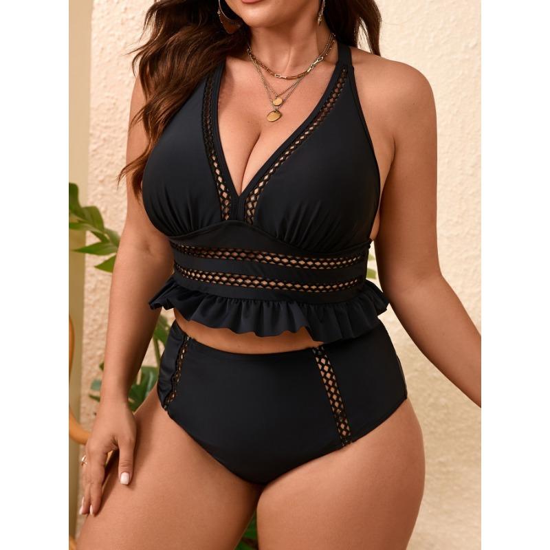 Women S Plus Size Solid Black Split Sexy Backless High Waist Swimsuit