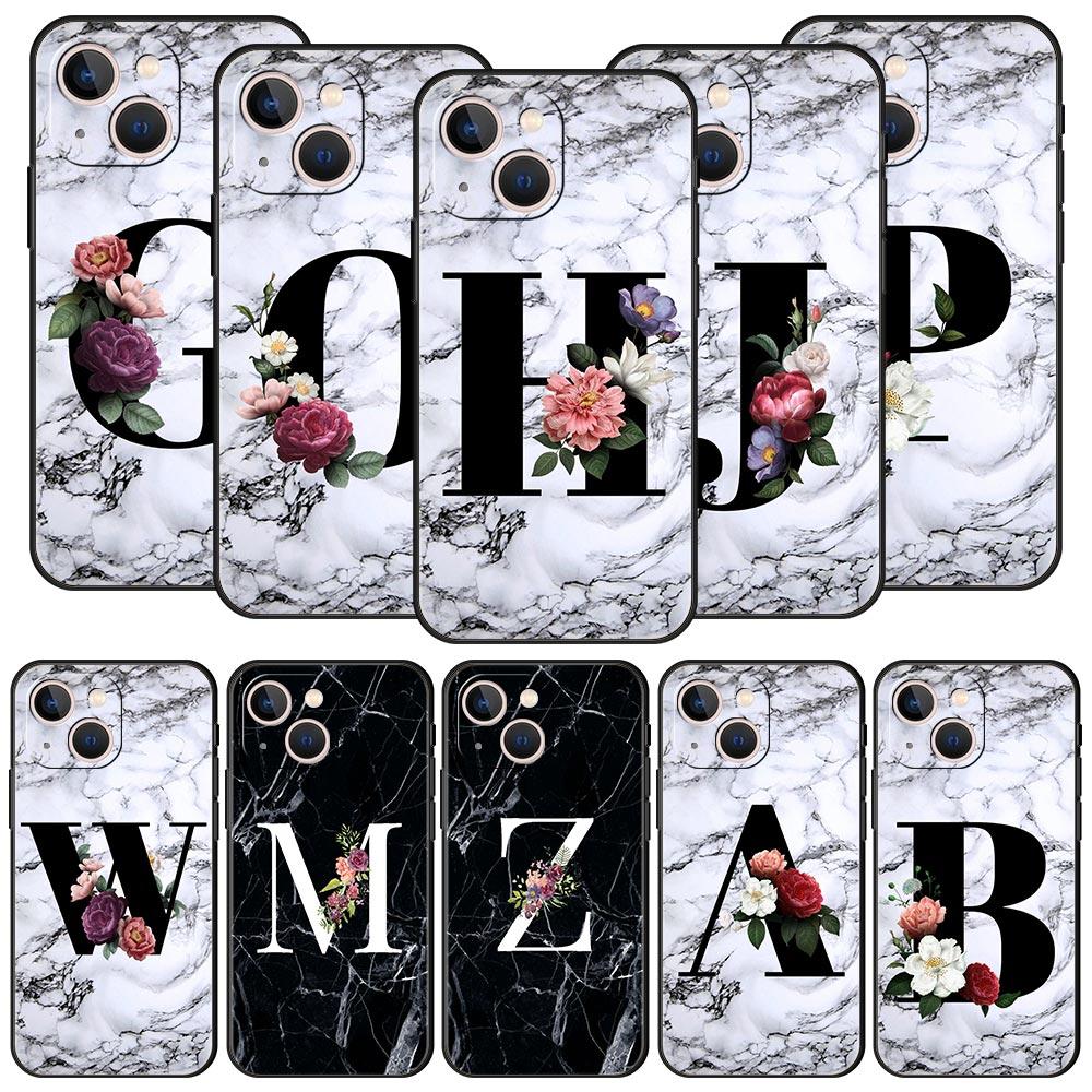 Letters Flower English Marble Phone Case For iPhone 17 16 15 Pro Max 11 12 13 14 7 8 Plus SE 2020 X XR XS Cover Soft Black