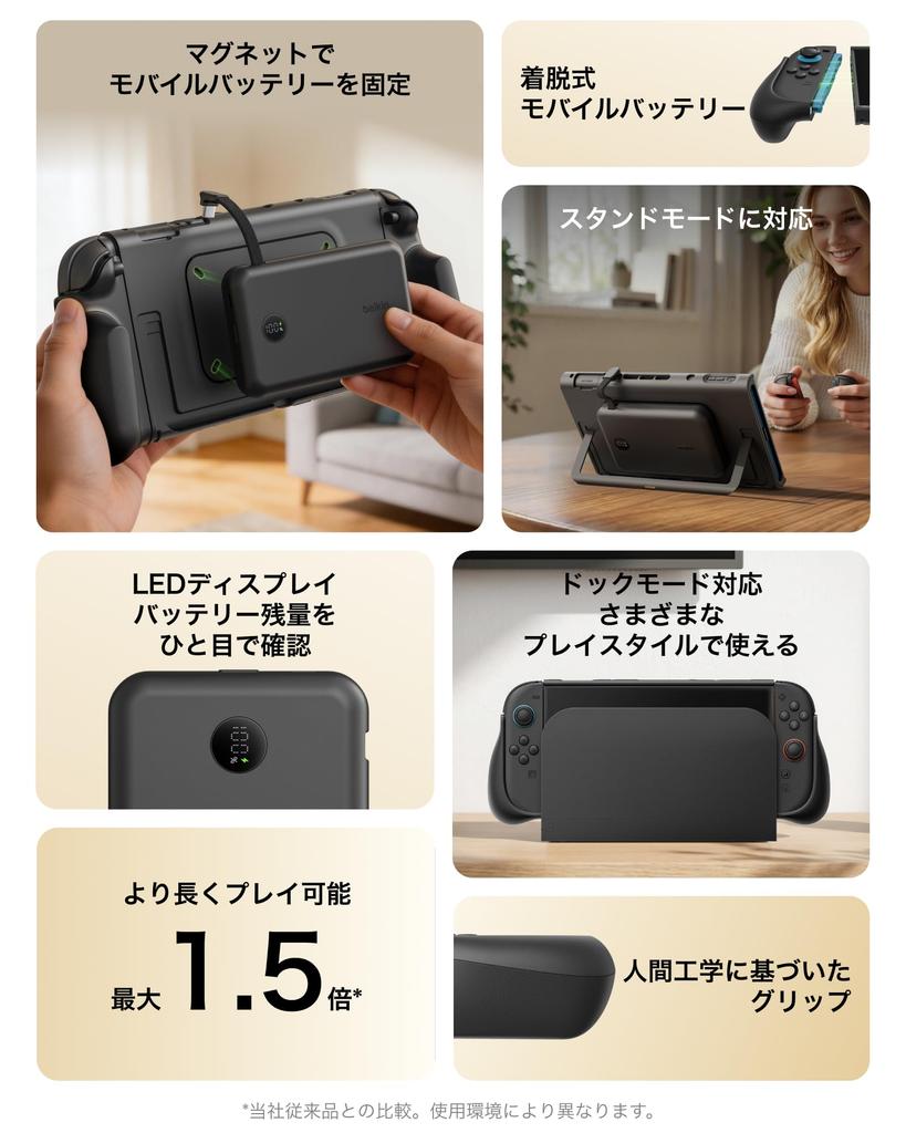 Belkin Switch 2 Cover with 10000mAh Built-in Battery, 30W Fast Charging, Dock Compatible, Magnetic Charging Grip, Digital Battery Level Display, Black