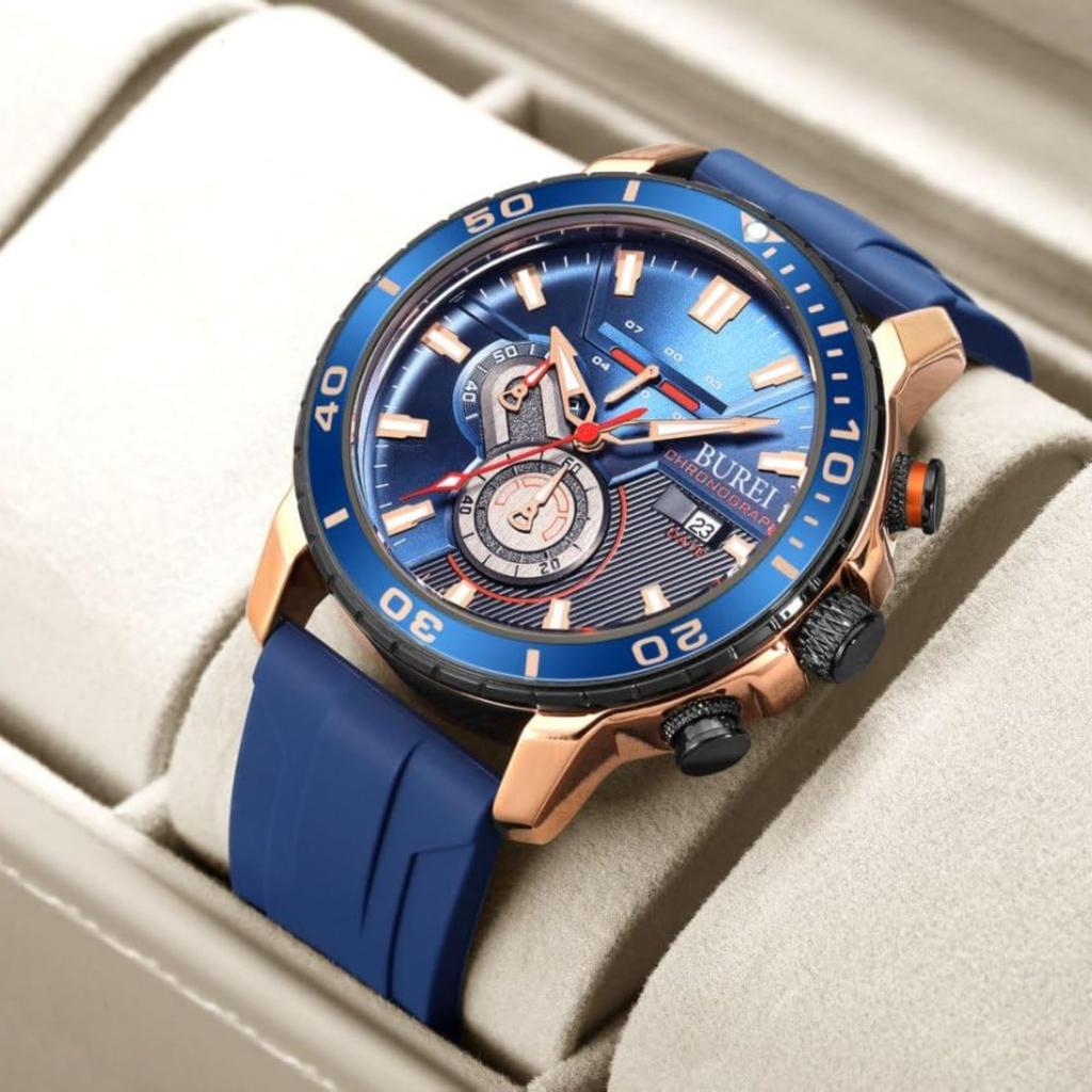 BUREI Men's Analog Chronograph Quartz Watch with Blue Urethane Strap, Waterproof, Date Display, Gift