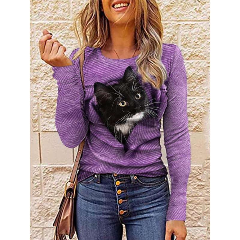 3D Cat Printed T-shirts Fashionable Casual Long Sleeved Women's T-shirts - Soft Medium Stretch Polyester Fabric Spring and Autumn Relaxed Fit Clothing