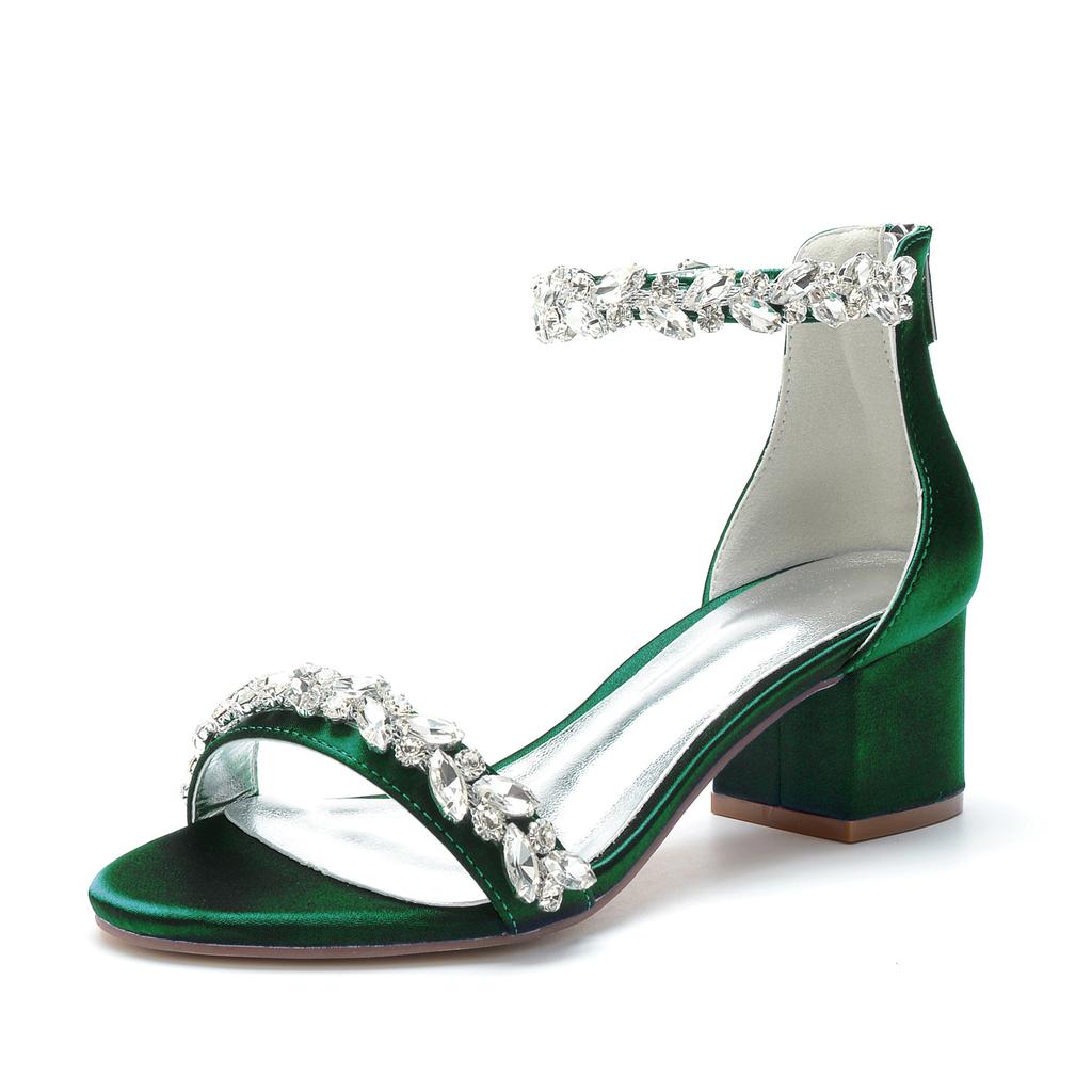 5cm Thick Heel Large Size Green High Heels Fashion Word with Rhinestone High Heels Sandals