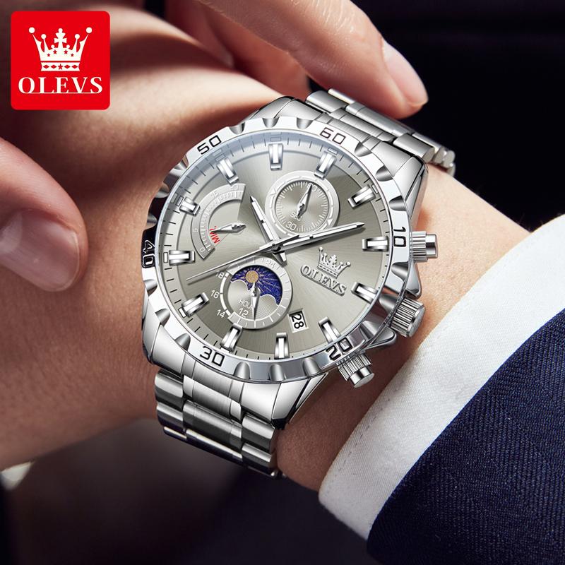 OLEVS 2953 45.5mm Big Dial Men's Watches Stainless Steel Moon Phase Waterproof Chronograph Original Quartz Wrist Watches for Man
