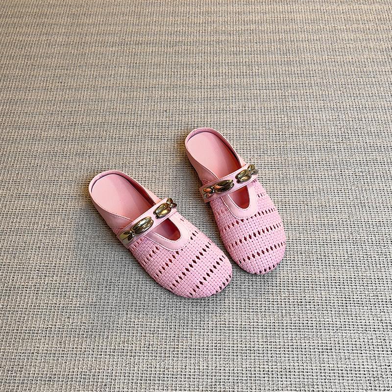 

Relaxation summer flat-bottomed cool slippers women s bag head retro woven hollow light luxury style one pedal outside wearing sandals women 40 розовый