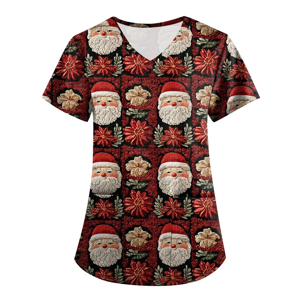 Plus SizePrinted Scrub Working Uniform Tops For Women's Cross V-Neck Print Short Sleeve Fun T-Shirts Workwear Tee With Pockets
