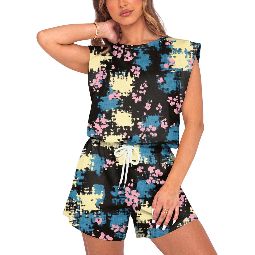 Women's Jumpsuit Floral Print Spring Summer Cap Sleeves Adjustable Drawstring Waist Comfortable Casual Short Jumpsuit With Pockets