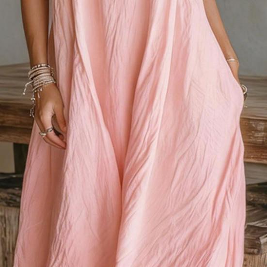 Ärmelloses Sommer-Maxikleid für Damen im Boho-Stil mit V-Ausschnitt, fließendem Muster, perfekt für Strandurlaub und Freizeit. Lässiges A-Linien-Kleid.