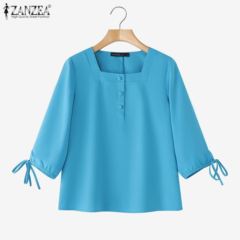 ZANZEA Women Square Neck Summer 3/4 Sleeve Loose Blouse