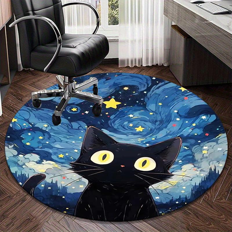 Starry Night Cat Round Carpet Chair Cushion Round Entryway Rug, Soft Round Rugs for Living Room, Bedroom, Circle Carpet Decor Gifts