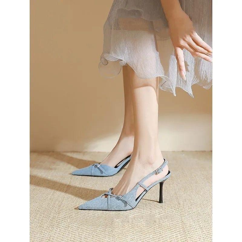 Pointed High-heeled Fashion Sandals Women's Summer 2025 New Foreign Denim Blue Slick-heeled Mullers