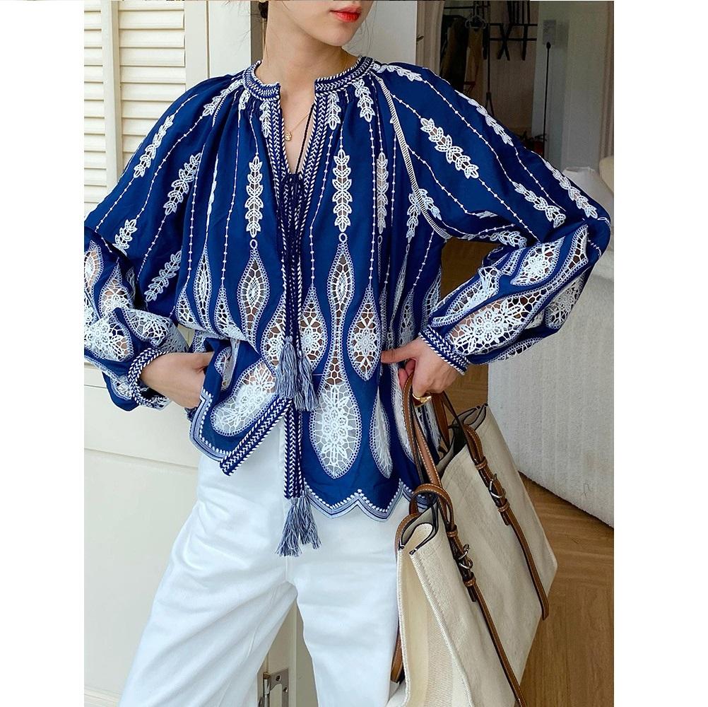 

Spring Embroidery Vacation Style French Shirt Women s Long Sleeve Design Women s Clothing L синий