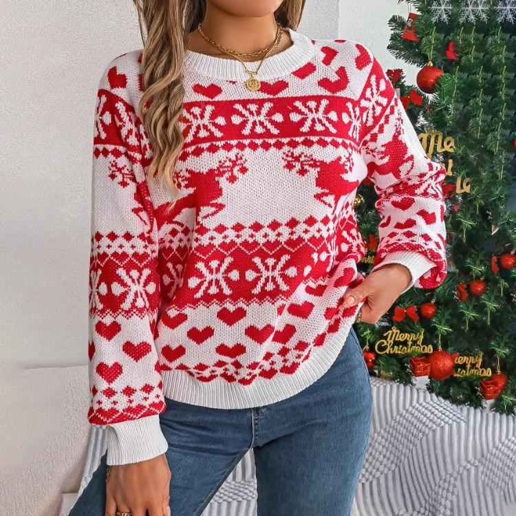 Vintage Christmas Sweater Knitwear Loose Long Sleeve Top Print Cardigan O Neck Autumn Winter