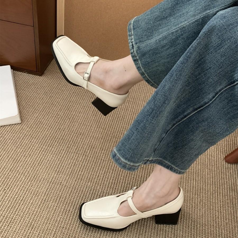 French Retro Square Head Thick Heel Single Shoes Female Spring and Autumn New Evening Wind Korean Version Fairy High Heels Mary Jane Small Lea