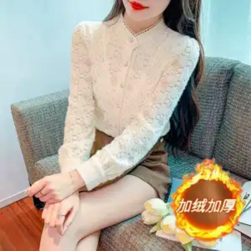 Spitze Damen Herbst und Winter Stehkragen Modisch Langärmliger Knopf-Pullover Elegant Unterzieh-Tops für