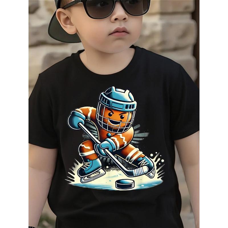 Boys Summer Crew Neck Short Sleeve T-Shirt with Cartoon Hockey Player Print