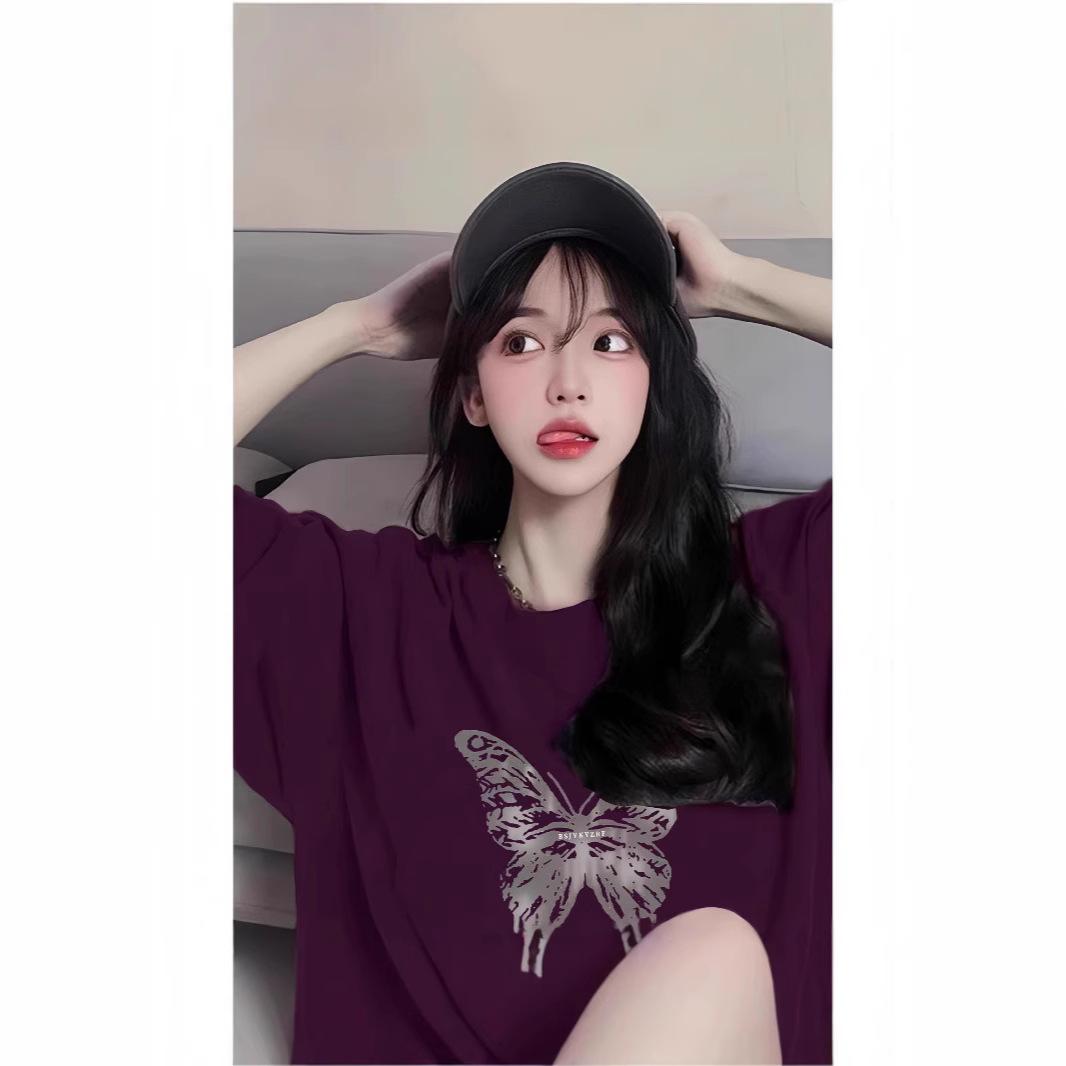 

Pure cotton butterfly printing design short-sleeved T-shirt women s spring and summer American retro loose large size grape purple top tide 3xl (recommended 170-190)