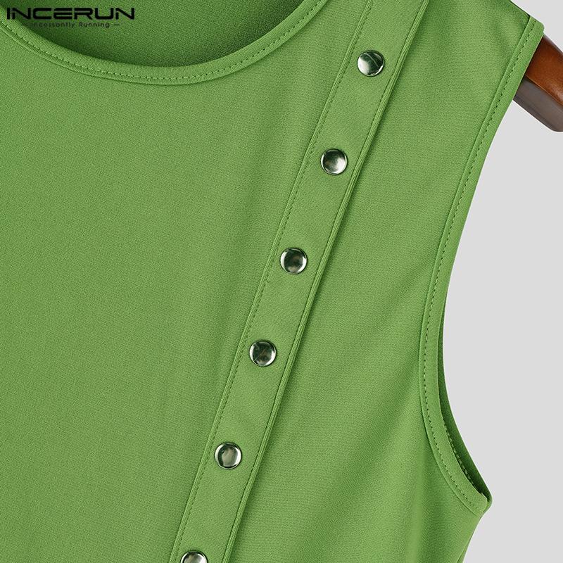 INCERUN Men O Neck Sleeveless Metal Button Patchwork Cropped Tank Tops