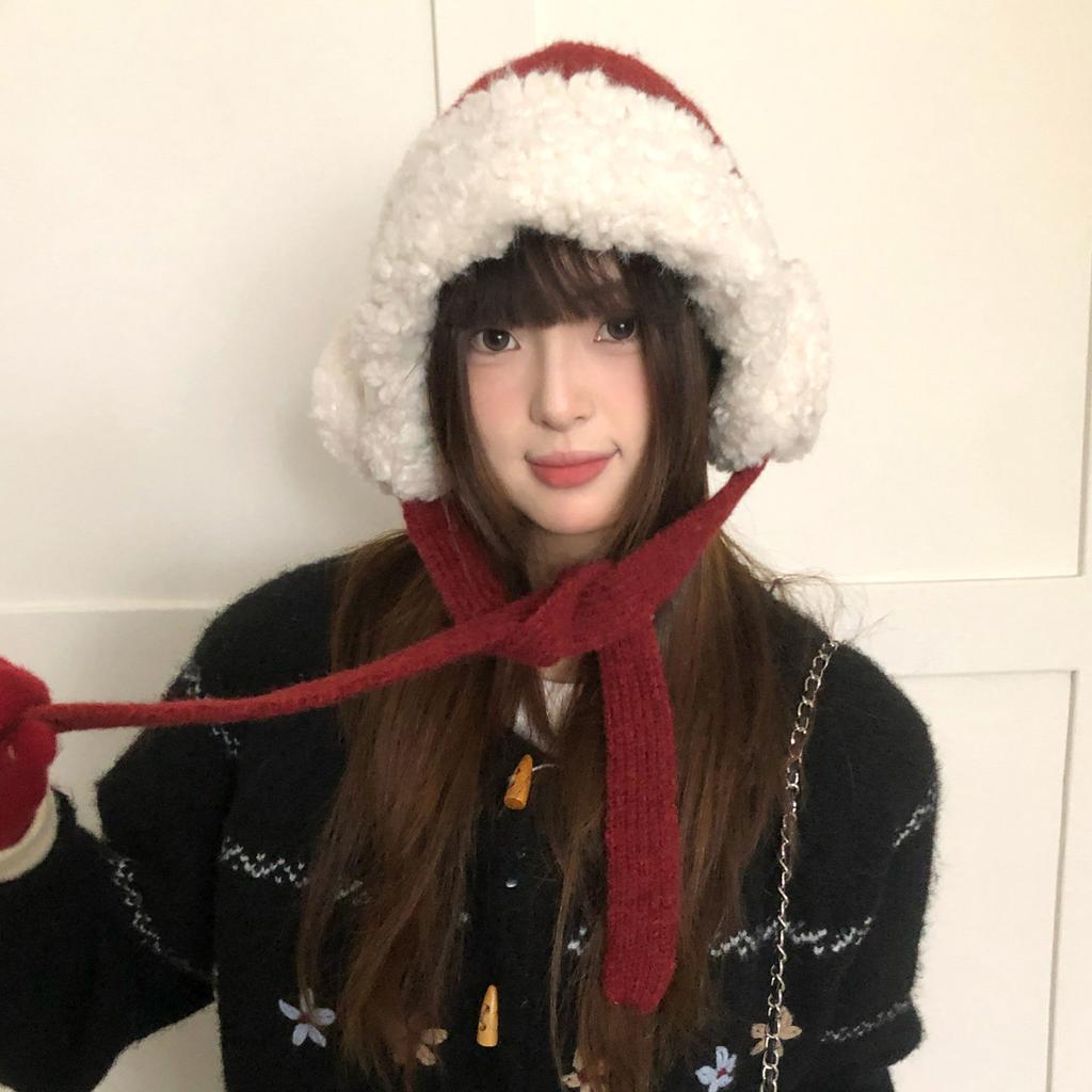 Gorro de lana con orejeras rojas, grueso y de felpa, para mujer, otoño e invierno, circunferencia de cabeza grande, cálido, tejido, sombrero Lei Feng de Año Nuevo