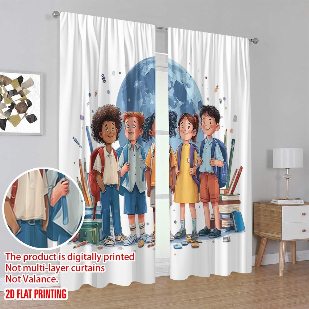 2pcs,2D Plane Printing Light Filtering Curtains Cheerful School Versatile Durable Polyester (without Rod) All Seasons Use for