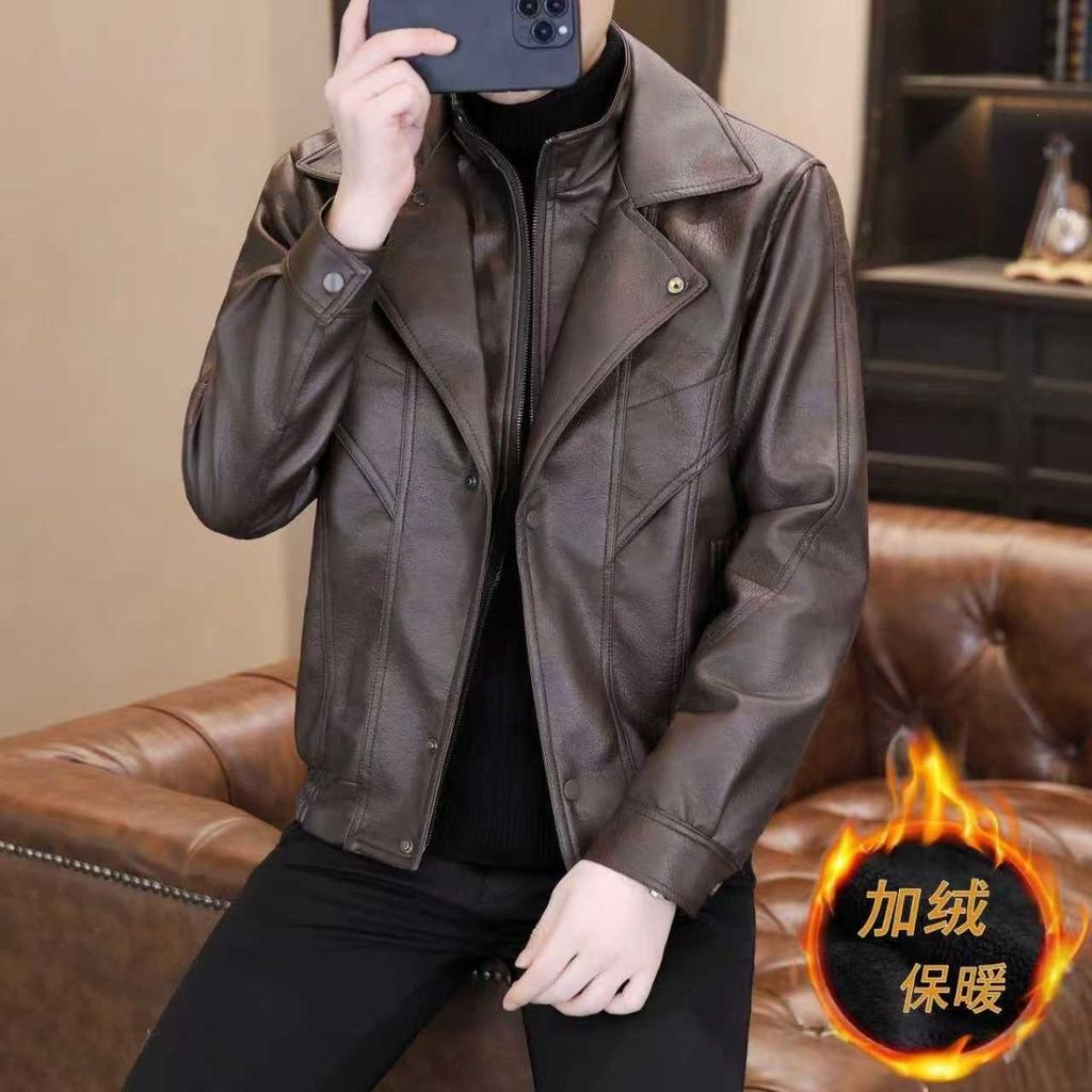 Winter Thickened Fleece Leather Jacket Men's Casual Thermal Locomotive Leather Jacket Two Lambskin Jackets
