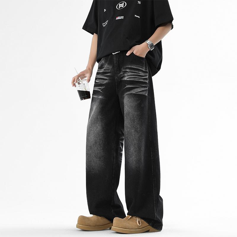

Winter Spring Vintage Wide Leg Denim Pants Men Streetwear Casual Fashion Jeans Trousers S сірий/чорний