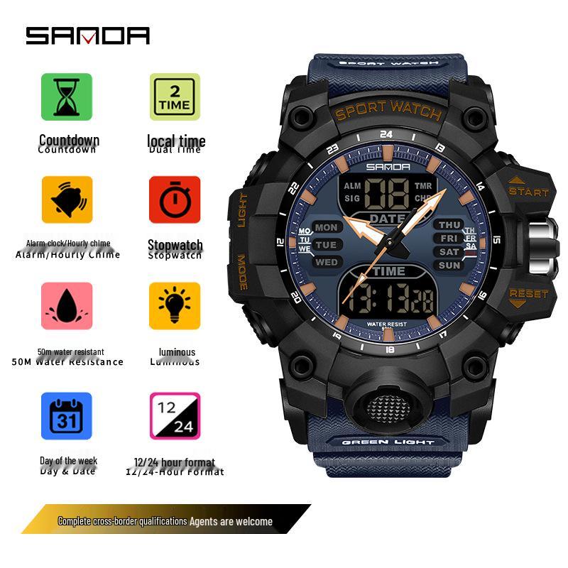 Sanda Multifunctional Waterproof Sports Watch for Outdoor and Student Use with Dual Display and Alarm Clock.
