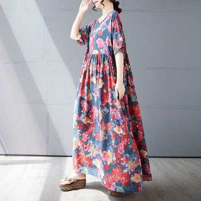Summer New Simple Bohemian Long Dress Fattened and Enlarged Short-sleeved Crew Neck Printed Dress Women's Clothing