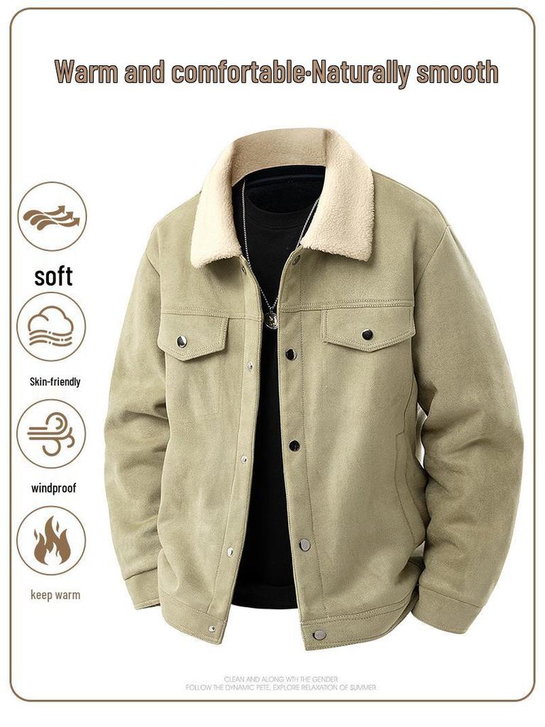 Men's American Retro Suede Plush Top Coat - Casual Winter Jacket with Extra Velvet and Thickness.
